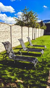 a row of empty chairs sitting in the grass at Alpine Homes in Zărneşti