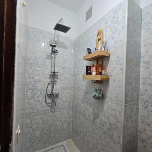 a bathroom with a shower with blue tiles at Appartement Confortable à Chouiter in Chouiter