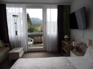 拜尔里舍艾森施泰恩Am Waldrand的一间带床和大窗户的酒店房间