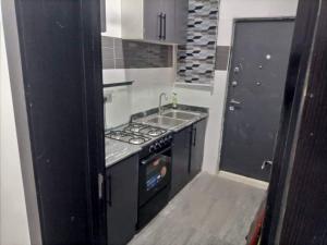 Una pequeña cocina con estufa y fregadero. en Shimawa-Apartment-Sleeps2-Parking-24 7Security, en Simawa