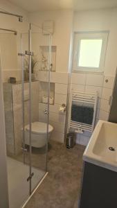 a bathroom with a shower and a toilet and a sink at Ferienwohnung Ankerplatz in Burg