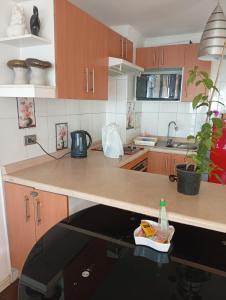 a kitchen with wooden cabinets and a counter top at Acogedor apartamento vista al mar in Iquique