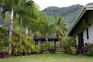 a house with palm trees in front of a yard at Villa Ora Na in Mahina