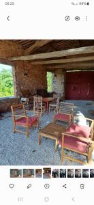 a group of wooden chairs and tables in front of a building at Charmant T1 en Provence Verte in Carcès +3 photos