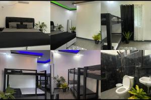 a collage of photos of a room with a bed and a bathroom at Kian and Kayden's private pool and guesthouse in Sampong