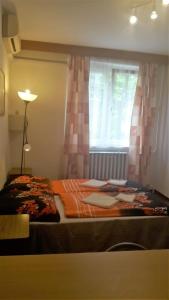 a bedroom with a bed with a window at Judit Apartmanok in Budapest
