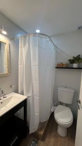 a white bathroom with a toilet and a sink at Complejo de Bungalows del Lago Km13 in San Carlos de Bariloche