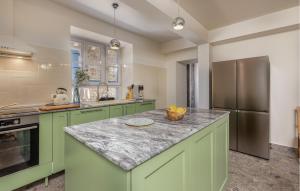 cocina con armarios verdes y nevera de acero inoxidable en Amazing Home In Mundanije, en Mundanije