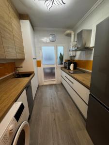 Una pequeña cocina con fregadero y refrigerador. en El apartamento verde, en Ayamonte