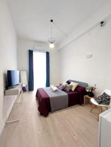 a bedroom with a bed and a television in it at Petite Deva - Central loft with balcony in Cagliari