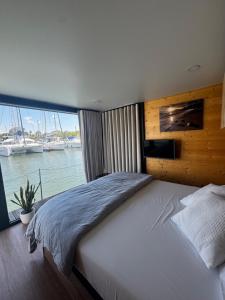 阿亚蒙特Casas Flotantes - Boatvillage的一间带大床和大窗户的卧室