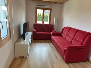 ein Wohnzimmer mit einem roten Sofa und einem Fernseher in der Unterkunft Small paradise in Menznau