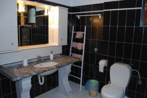 a bathroom with a sink and a toilet and a mirror at Spiti Limnos, Idyllisch Gelegen Im Orangenhain in Límnos