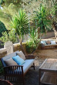 a couch and two chairs and a table and palm trees at Spiti Limnos, Idyllisch Gelegen Im Orangenhain in Límnos