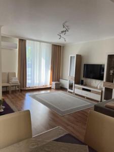 a living room with a television and a large living room at Viva Apartman in Nyíregyháza