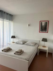 A bed or beds in a room at Grand studio rte des sanguinaires Superbe vue Mer