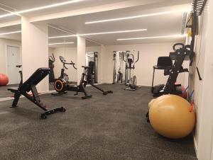 a gym with exercise equipment and a ball in a room at Eterrano Seaside Retreat in Parga