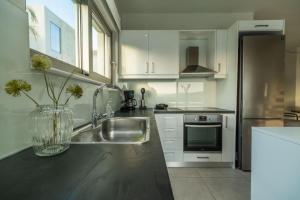 a kitchen with a sink and a stainless steel refrigerator at Jarko Luxury Houses in Argoulidhés