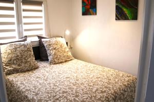 a bedroom with a bed with pillows and a window at Le Mobil home de Domi in Puget-sur Argens +13 photos