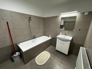a bathroom with a bath tub and a sink at City Silver Apartman in Nyíregyháza