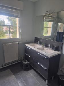 une salle de bains avec un lavabo et un miroir dans l'établissement Les sables, à Le Touquet-Paris-Plage 9 autres photos