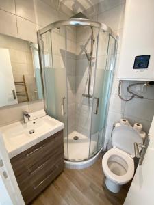 Un baño con ducha, inodoro y lavabo. en Studio calme et central avec clim, en Niza