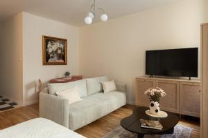 a living room with a couch and a flat screen tv at Prestigious Main Square Apartment in Kraków