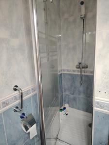 una ducha con puerta de cristal en un baño en APARTAMENTO JAZMINERO, en Aguadulce