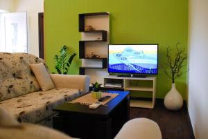 a living room with a couch and a flat screen tv at Nettes Ferienhaus In Matulji Mit Eigener Terrasse in Matulji