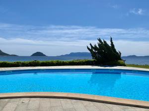 a large blue swimming pool next to the ocean at Luxury apartment Ginepro sea view with common swimming pool just 50 mt from the beach in Golfo Aranci