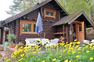 a log cabin with chairs and an umbrella and flowers at Finnisches Holzhaus in Weidenberg