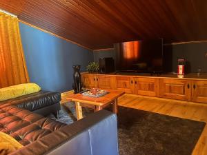 a living room with a couch and a flat screen tv at Hostal Cal Franciscó in Gósol