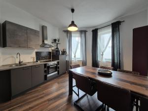 a kitchen and dining room with a wooden table at Mikra Homes24 in Crimmitschau in Crimmitschau