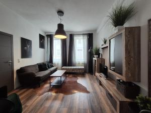 a living room with a couch and a tv at Mikra Homes24 in Crimmitschau in Crimmitschau