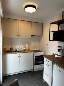 a kitchen with white cabinets and a stove top oven at Amaroom 4 in Karlsruhe +1 photo