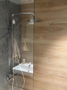 a shower with a glass door in a bathroom at BW Simfonia Apartman 407-whit free garage parking in Belgrade +14 photos