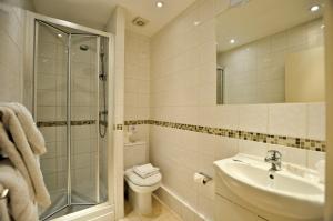 a bathroom with a toilet and a sink and a shower at Brunel Hotel in London