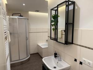 a white bathroom with a shower and a sink at K38 Mühlgrabenblick by Selected Rooms in Eisenach