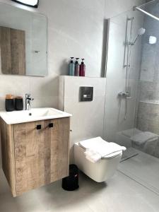 a bathroom with a sink and a toilet and a shower at Verasia Acute Stay in Engomi in Engomi