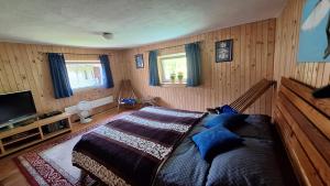 a bedroom with a large bed with blue pillows at Divine Lake House in Motnik