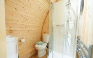 a bathroom with a toilet and a glass shower at Mountain Edge Resort Lodge 3 with Hot Tub in Church Stretton