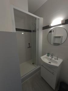 Un baño con ducha, lavabo y espejo. en Hispaniola, avec vue sur la marina et parking privé, en Saint-Cyprien