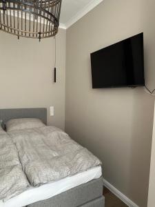 a bedroom with a bed and a flat screen tv on the wall at Ferienwohnung Alte Schule Vitzdorf im Hamptons-Stil mit großer Terrasse! in Fehmarn