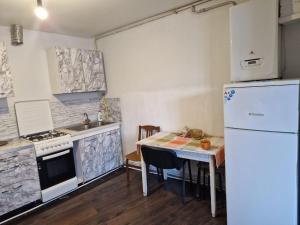 a kitchen with a white refrigerator and a table at Buddha Hostel Bodoni in Chişinău