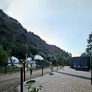 a gravel road with trees and a mountain at River Glamping Kalopanayiotis in Kalopanayiotis