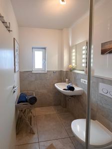 a bathroom with a sink and a toilet and a shower at wolke 7, Bergblick Apartment, Kingsizebett & Schlafcouch, Balkon & Garten in Kiefersfelden