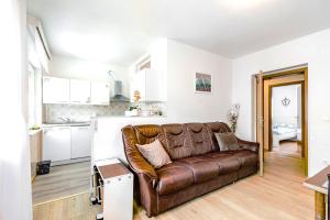 a living room with a brown leather couch in a kitchen at Apartma Mama Bovec in Bovec
