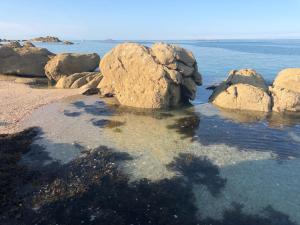 a group of rocks in the water on a beach at Les 3 couronnes in Granville