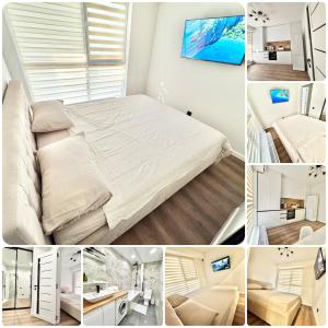 a collage of photos of a bedroom with a bed at Комфортная квартира на Ботанике in Chişinău