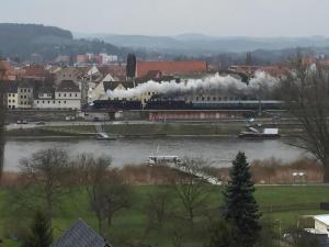 ピルナにあるFerienhaus In Pirna Mit Schöner Terrasseの水域の近くの線路上の列車